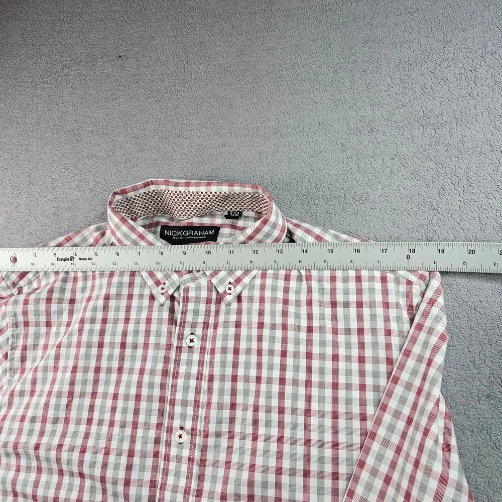 Nick Graham Dress Shirt Men's L Red Gray Gingham Modern Fit Collared Button Down